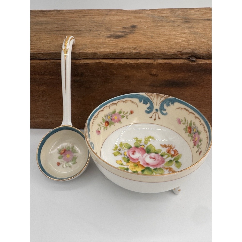 Noritake‎ Hand Painted Footed Bowl w/Ladle Floral Gold Trim Japan Set Vintage